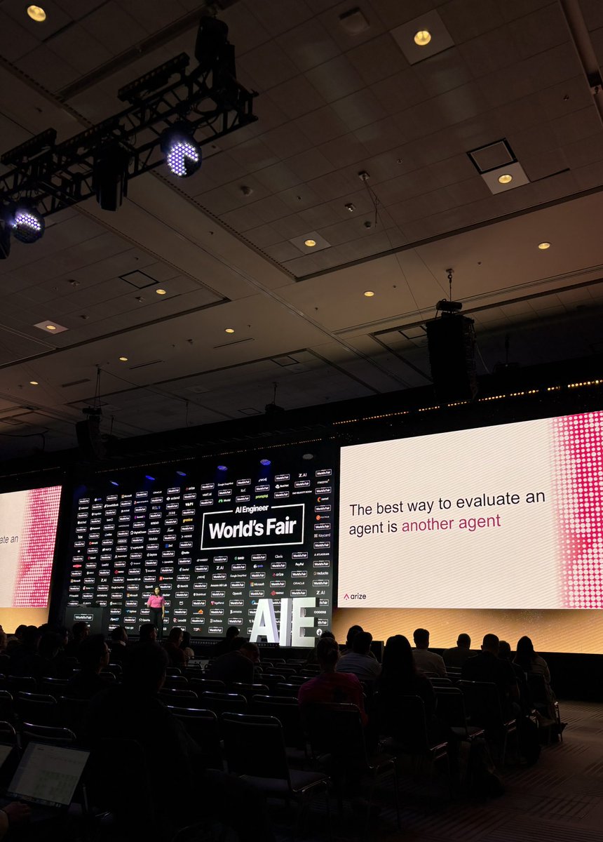 arizeai's tweet photo. Our co-founder & CPO @aparnadhinak talked about the future of evals on the @aiDotEngineer MainStage keynote!

As agents get more complex, the eval method we use should also be adaptive and dynamic: the eval we need is switching from LLM-as-a-judge to agent-as-a-judge.

Come to the Evals Track - Room 2005 for more!