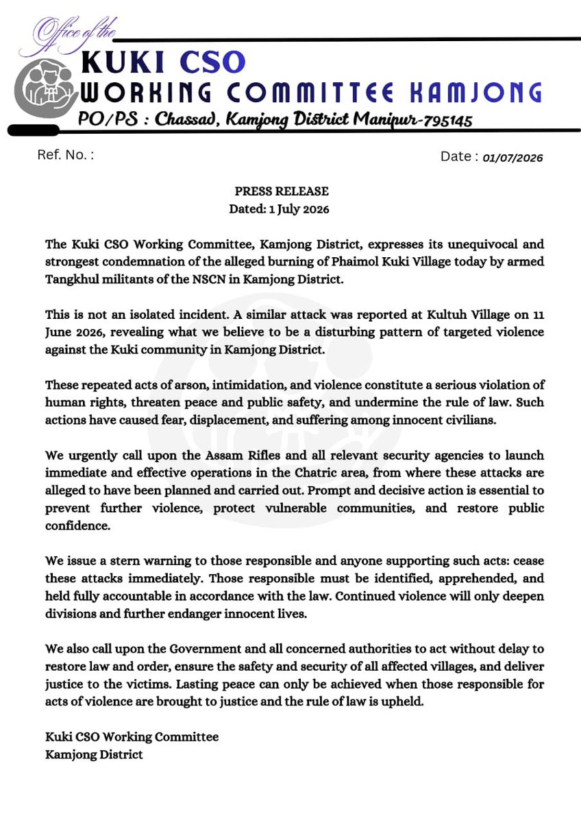 KSO_Saikul's tweet photo. The #Kuki CSO Working Committee, Kamjong, condemned the alleged burning of #Phaimol Kuki Village, urging immediate security action, accountability for perpetrators, protection of civilians, restoration of law and order, and lasting peace. @YKhemchandSingh @LokBhavManipur https://t.co/PaUTpOWyfv