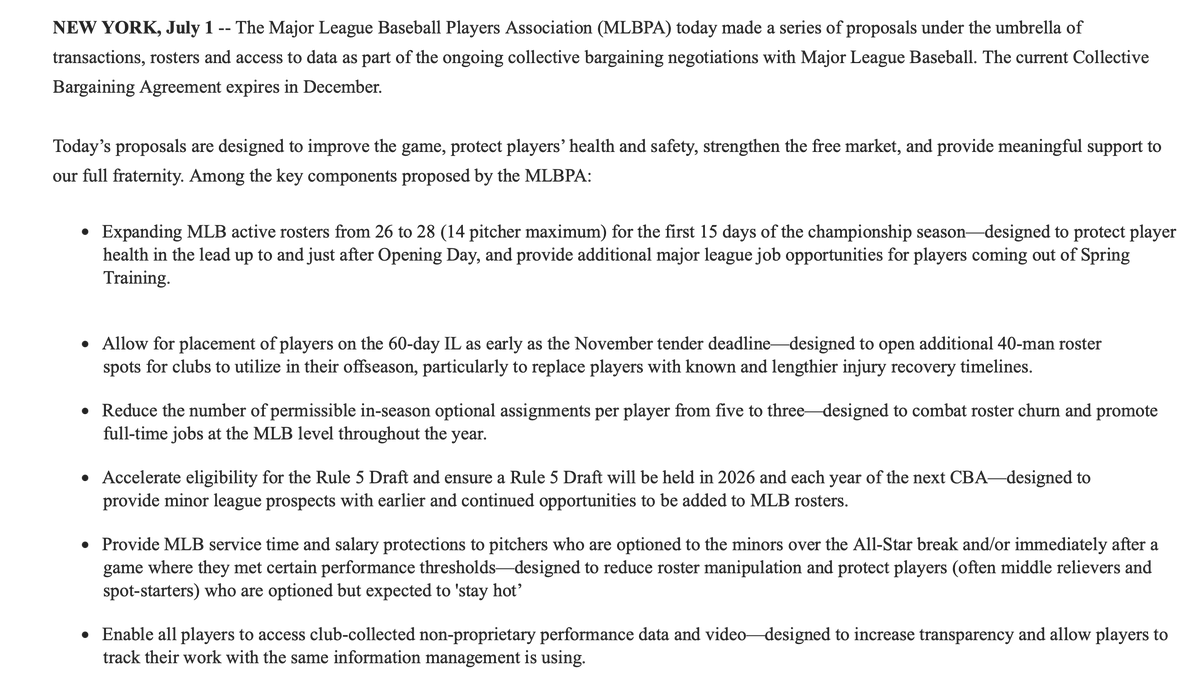 EvanDrellich's tweet photo. In collective bargaining with the owners today, the MLBPA proposed to expand active rosters for the first 15 days of the season to 28, up from 26.

The union also proposed to drop the number of times players can be optioned in a given season to three, down from current five.

The union's press release: