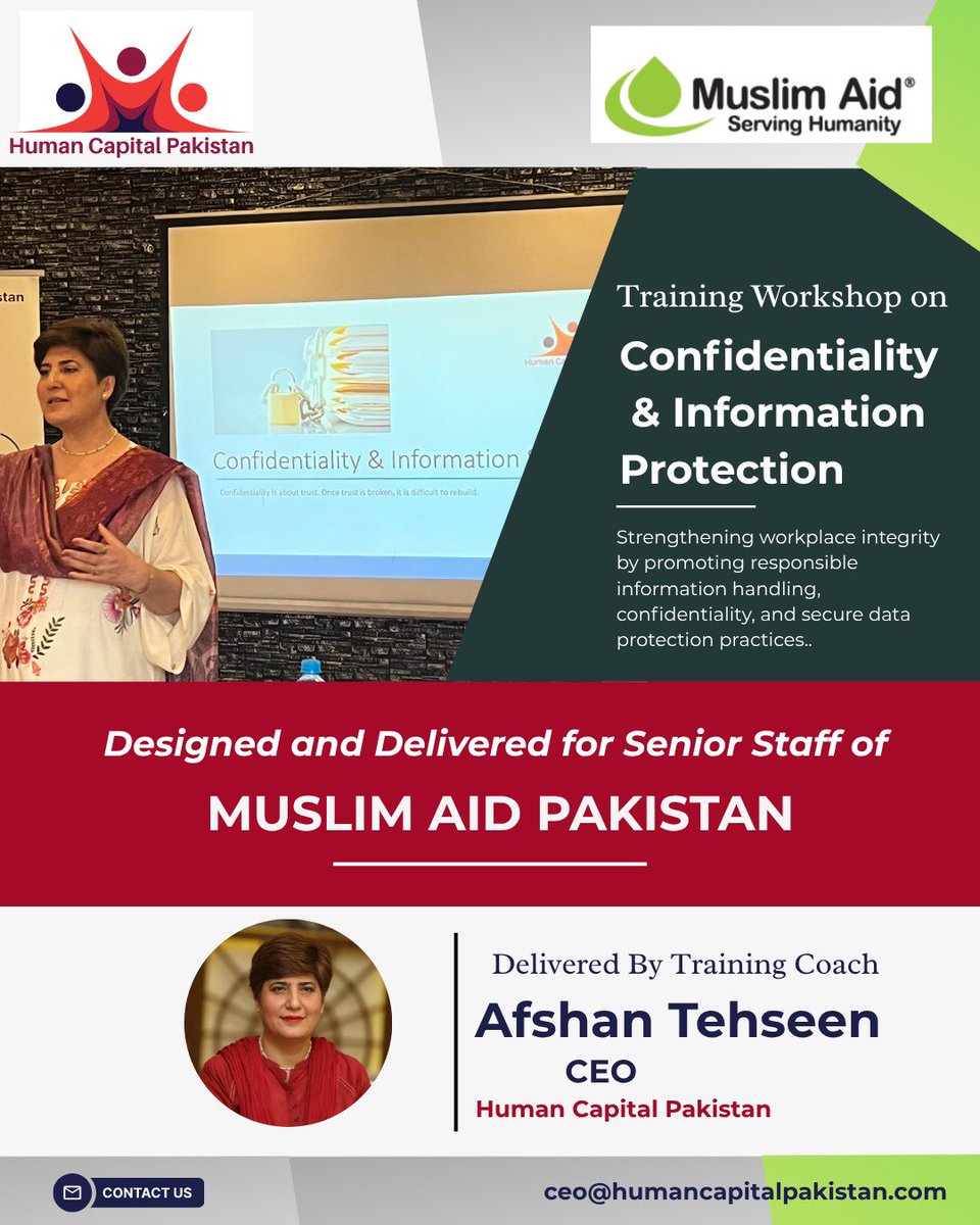 TehseenAfshan's tweet photo. Workshop on Confidentiality &Information Protection bu #HCP for Muslim Aid, equipping participants with practical knowledge&skills 2safeguard sensitive information, uphold ethical responsibilities,&reduce information security risks
#Confidentiality #CapacityBuilding https://t.co/gTjTfLNU31