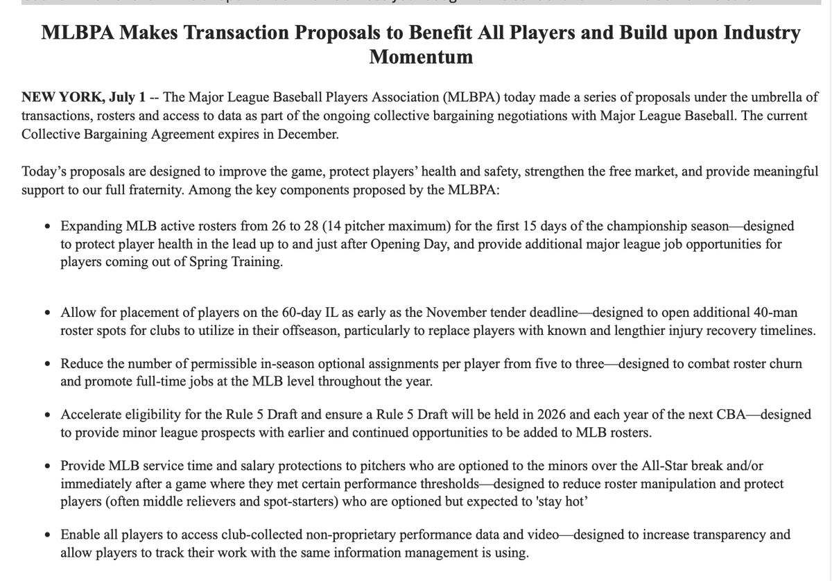 jorgecastillo's tweet photo. The MLBPA made several transaction proposals to MLB today. They include a 28-man roster with a 14 pitcher max for the first 15 days of the regular season. https://t.co/ycdnEhvQfa