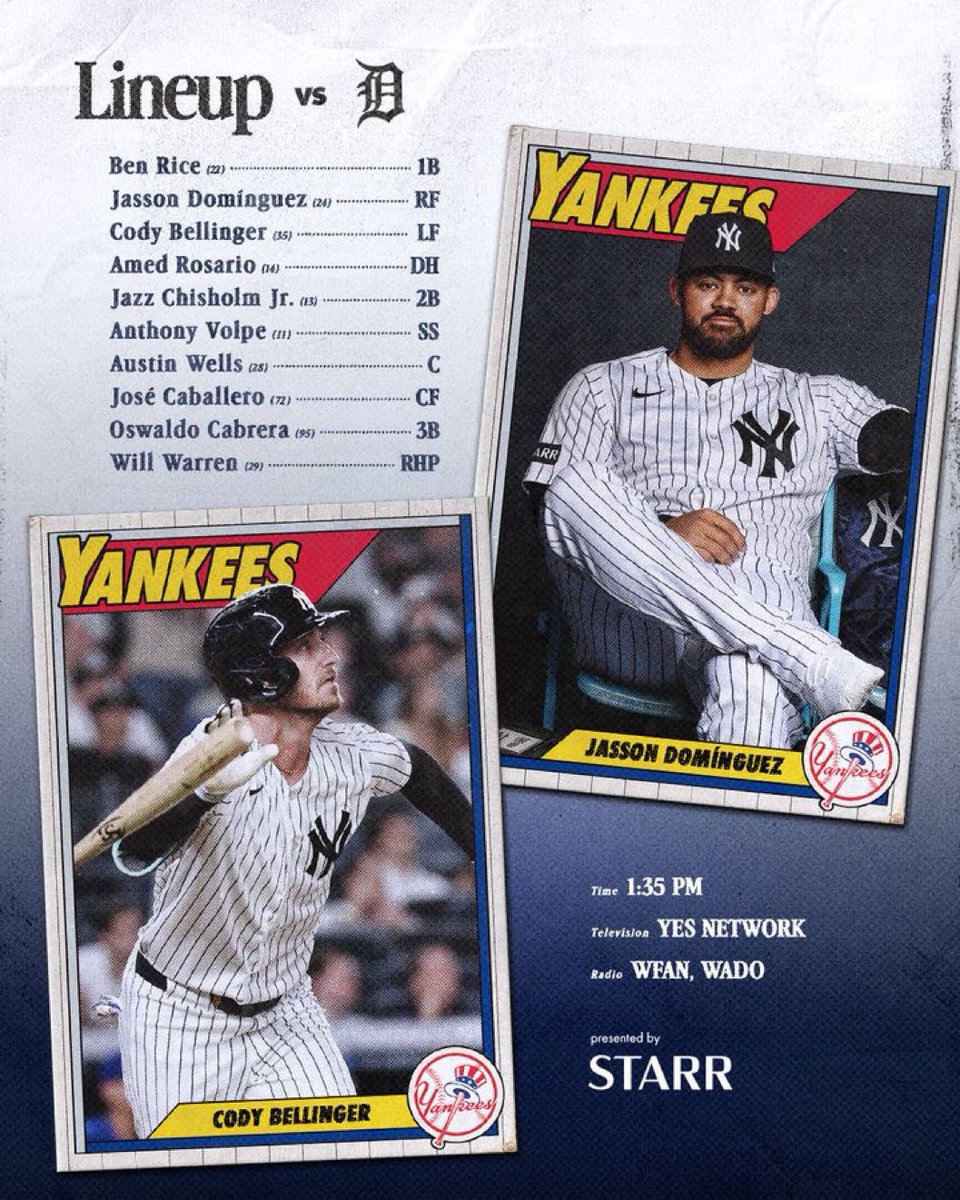 CoolYanksFan's tweet photo. #YankeesFans here's this afternoons @Yankees lineup as @Yankees look to get the win this afternoon with a different looking lineup and with @Yankees @warrenwilliam07 on the mound 

#LetsGoYankees 
#YANKSonPrime
#RepBX  vs #DNMW  
#YankeesBaseball 
#WillWarren  
#Yankees https://t.co/t4esh2V8AG