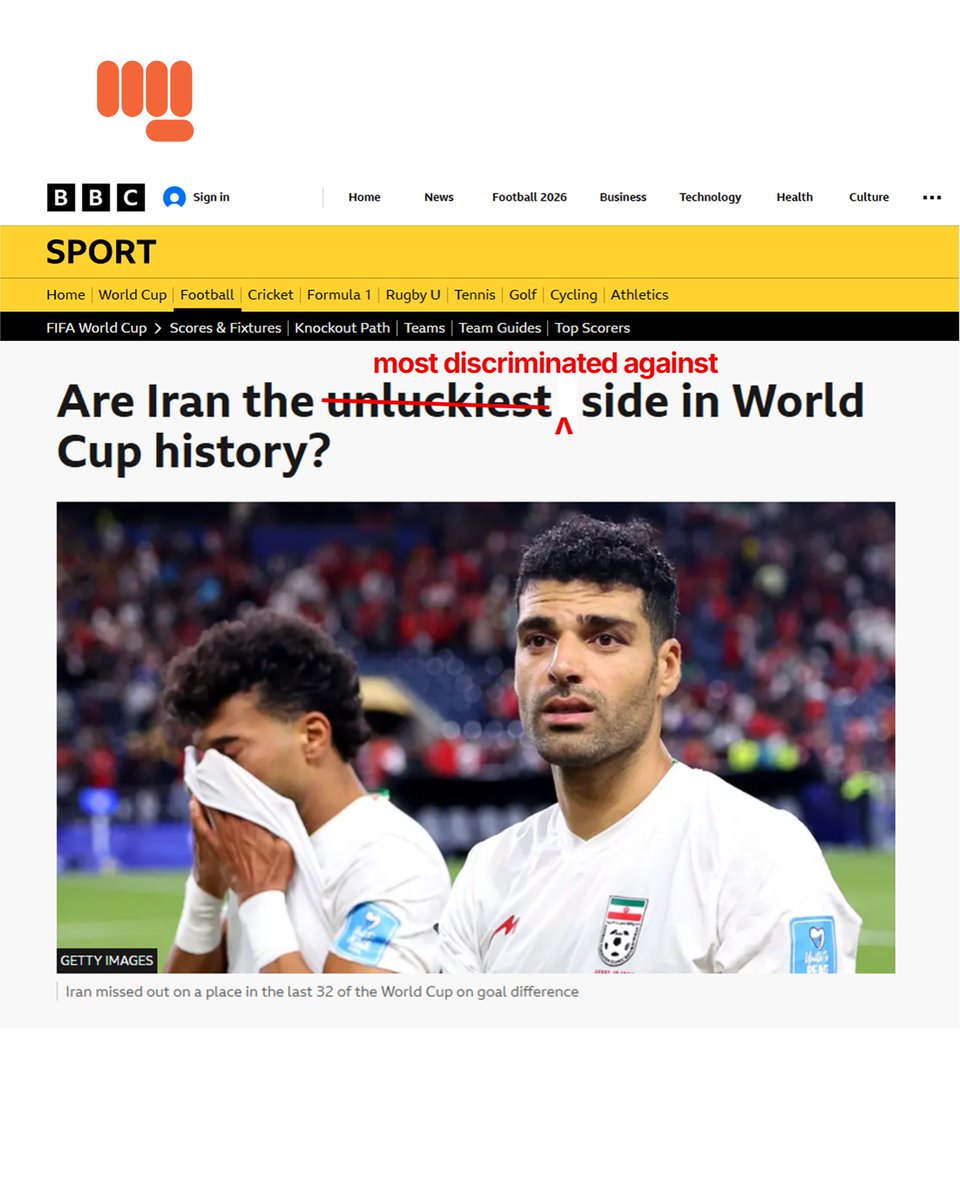 sov_media's tweet photo. A BBC headline asking "Are Iran the unluckiest side in World Cup history?" triggered outrage on social media, with users arguing that labelling the systematic sabotage of an entire national delegation as "bad luck" is a gross distortion of reality.

Throughout the 2026 World Cup, Iran’s participation was hampered by severe restrictions imposed by the US, one of the co-hosts.

Due to visa denials, the team was refused a permanent base on US soil, with Mexico ultimately offering them a sanctuary in Tijuana. Players were permitted into the US only hours before each of their three matches and forced to depart immediately after the final whistle, a schedule that severely affected their ability to recover and prepare. These obstacles were compounded by visa denials for a large portion of their technical, medical and administrative staff, leaving the squad without essential support infrastructure. 

The evidence shows that Iran was not the victim of a chaotic draw or a bad refereeing decision; they were the victims of a host nation that weaponised its borders to dismantle their competitive integrity.

Users dismantled the "unlucky" narrative:

Assal Rad (@AssalRad), author of “Don’t Say P*lestine: How the Media Manufactured Consent for G*nocide”, noted: “'Unluckiest' is a weird way to say deliberately targeted and mistreated by the host country with FIFA’s consent,” in a response that generated over 10k shares.

Similarly, Denijal Jegic (@denijaljegic), an assistant professor of communication, argued: “'Unluckiest' is a cute way to describe the systematic & aggressive targeting that the team faced from corrupt FIFA, the US regime and its regime media.” 

@KlonnyPin_Gosch added: “Unluckiest? They were literally sabotaged with weaponised transit and customs wait times... they’re also the only team forced to compete in the confines of a host country that was presently b*mbing their nation.”