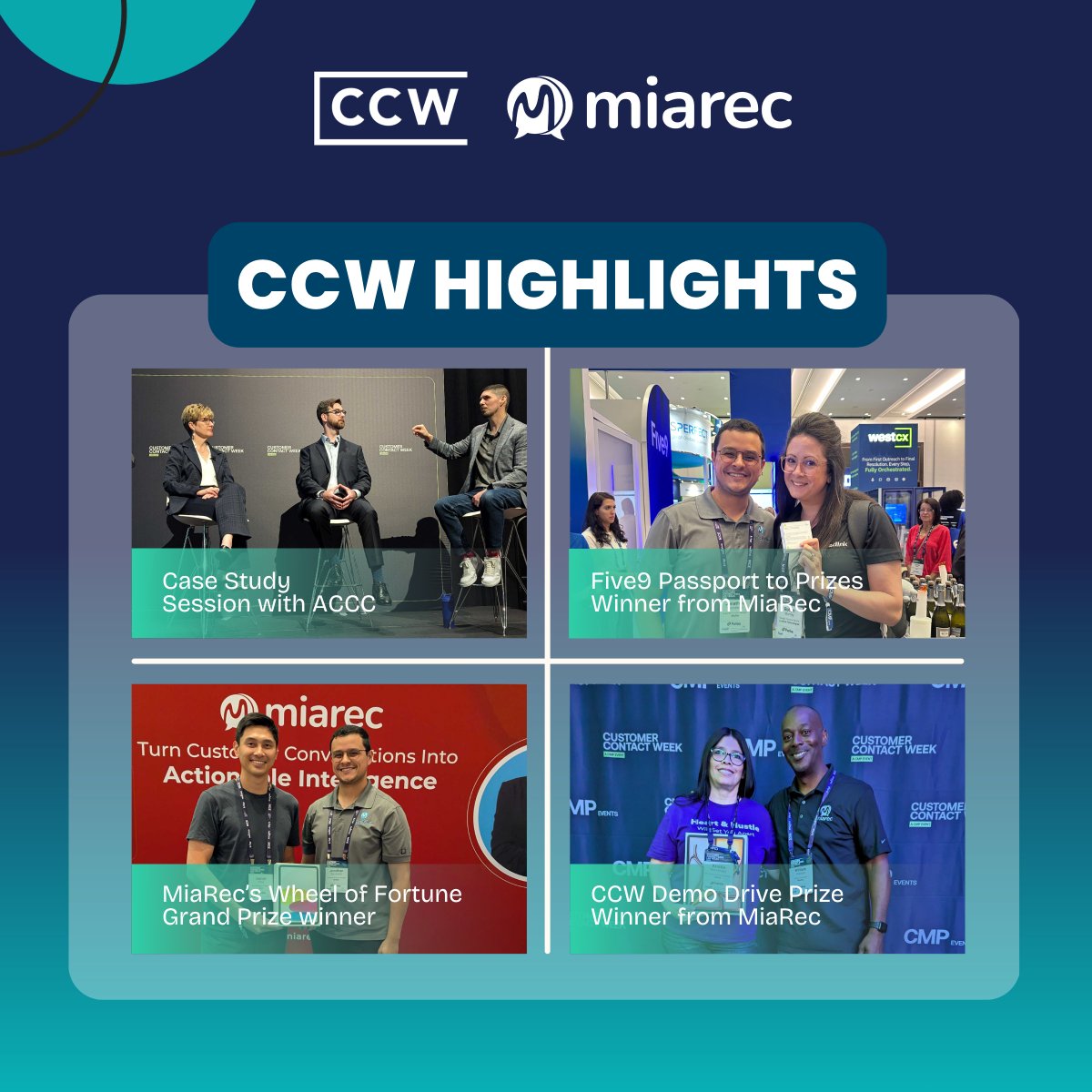 MiaRecInc's tweet photo. A quick #CCWLasVegas throwback! 🙌

🎤 Customer case study with ACCC
🏆 Giveaway winners
🤝 Great conversations with the CX community

Thank you to everyone who stopped by the MiaRec booth and connected with us. Until next time!

#CustomerExperience #MiaRec https://t.co/b9XvCsZviQ