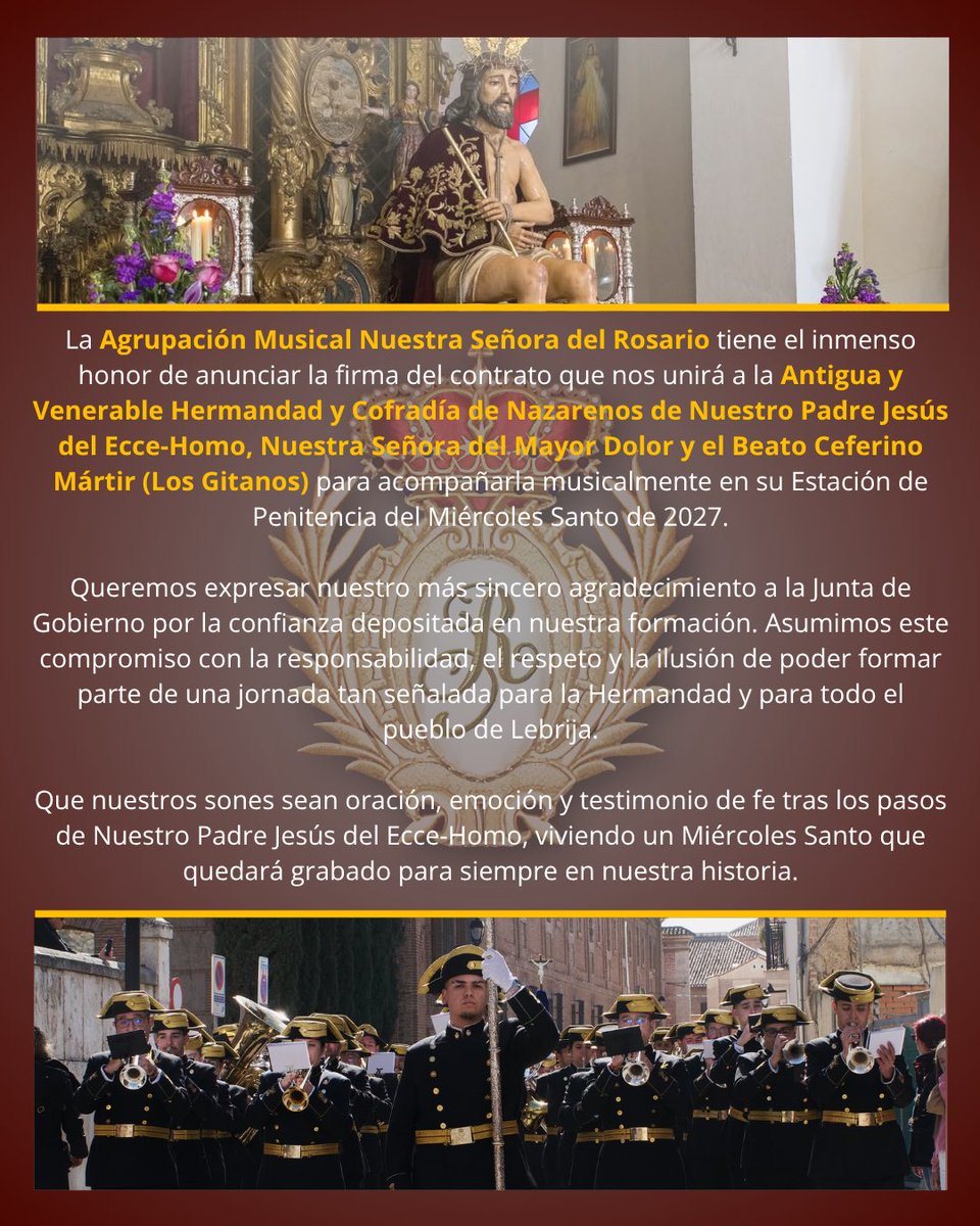 agmrosario's tweet photo. 🔸 𝑪𝒐𝒏𝒕𝒓𝒂𝒕𝒐 | Rosario de Crevillent 🔸

Acuerdo alcanzado con @GitanosLebrija para acompañar a su titular en su Estación de Penitencia del Miércoles Santo de 2027 https://t.co/p2FZcFZ1Pc