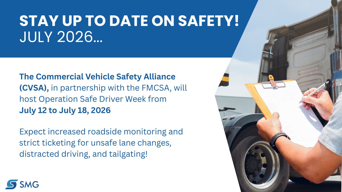 smgsafety's tweet photo. Stay ahead of the game with #SMGSafety. We will keep your fleet #compliant. 

Send us a message to find out how we can assist in all of your #compliance and #safety needs. #Logistics #FoodTransportation #FreightTransportation #July2026 https://t.co/gBon2sjDJ7
