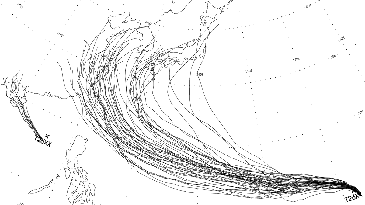 STY1330's tweet photo. 気象庁昨夜21時初期値の2つの台風候補のアンサンブルメンバー

南シナ海のは海南島へ向かい、その後大陸へ上陸直後に消滅

マーシャル諸島のほうから進んで来るのはマリアナ諸島を通過してほとんどのメンバーが台湾~沖縄付近を進んで行くとしている

沖縄本島付近を進むメンバーにはその後九州方面へ進めているのも多い

少数だがあまり西寄りに進めず、本州方面へ北上させているメンバーもある

※　出典　気象庁