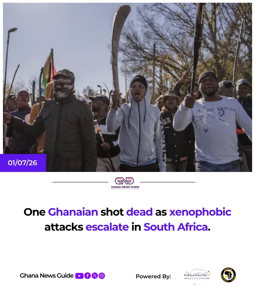 GhanaNewsGuide's tweet photo. A Ghanaian national has been shot dead in South Africa amid heightened tensions following recent anti-immigration protests across parts of the country, prompting renewed concerns over the safety of foreign nationals.

#Ghananews #Currentaffairs #Ghananewsguide #Xenophobia #southafrica #injustice #killings #immigrants