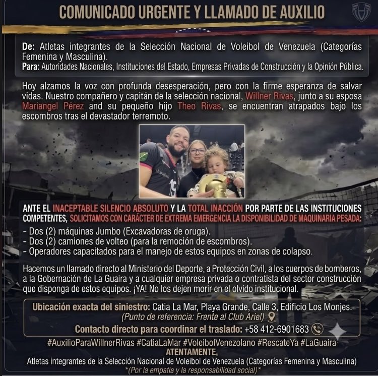 MariRiquelme's tweet photo. ¡Llamado de Auxilio!

Para ayudar a rescatar a Wilner Rivas, capitán de la selección nacional de Voleibol junto a su esposa e hijo.

¿Dónde estás @cardilloromero (ministro de deportes) ¿Por qué no respondes este llamado? ¿Qué estás esperando @Jateranoficial (gobernador de Vargas) https://t.co/vx419JvfKZ