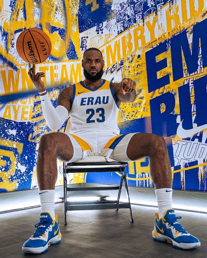 ERAUAthletics's tweet photo. Heard @KingJames is looking for a new home… royalty looks good in blue and gold https://t.co/RZIDXBae8U