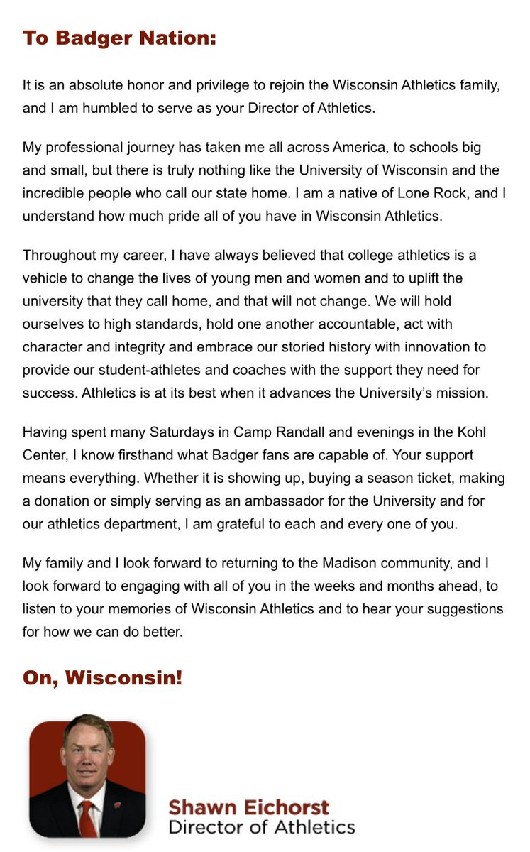 JSteppe1's tweet photo. UW releases a message to Badger Nation from new #Badgers AD Shawn Eichorst: https://t.co/ym7u2rX39Q