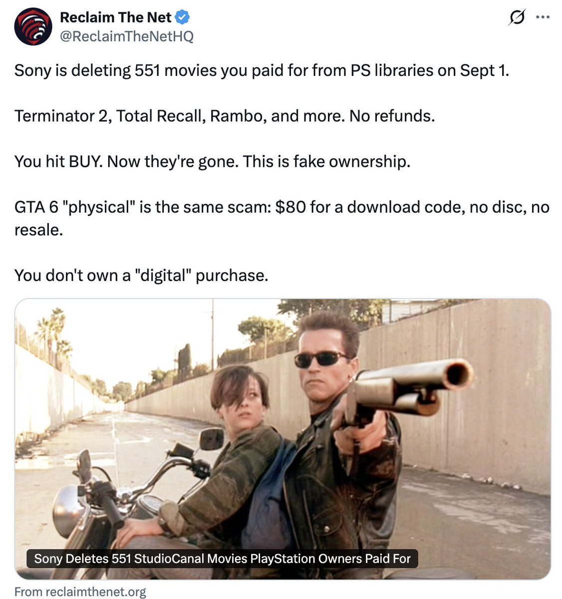 Tsoukalos's tweet photo. 551 movies you purchased with your hard-earned CASH to be deleted by Sony. Ok, so you've bought it all digitally. And therein lies the problem.

I've mentioned this for at least 2 decades. Physical media is the ONLY way you can actually "own" something after you've paid for it, ie. discs, tapes, microchife, puka shells, quipus, Sumerian scrolls, etc.

Anyone who believes that "buying something digitally" makes you an actual owner of such digital purchase, unfortunately, hasn't paid attention how contract laws work. ---> today, unfortunately, "title libraries" exist, and unfortunately too, those libraries, due to their immense value, are often moved around, from owner to owner. It's quite a wild and INSANE "title trade" out there... And it all happens while YOU are being pulled over the table, and you go along with it, like you  did. And now, what you thought you owned, ain't yours any more.

Once a conglomerate "loses," or then, "releases" their title library to an even higher bidder (which ain't you, I'm sorry, buddy) then it's bad news for everyone who digitally paid for (a) particular title(s) in such a library. 

Unfortunately, you never actually "owned" the item, since you purchased it in "digital" form and it was purchased on a platform that is essentially smoke and mirrors and you did not take the time to read the fine print. Always, always, always read the fine print. I guarantee you, it was there.

In other words, the title for which you forked over your hard-earned cash, was a mirage, dropped in your mirage library, living in the mirage cloud. The "cloud" and anything "digital" you "purchase" is a mirage. It. Does. Not. Exist. Go look up "mirage" now, because some netizens apparently aren't aware what a mirage is, either. CLIFF NOTES: A mirage does not exist.