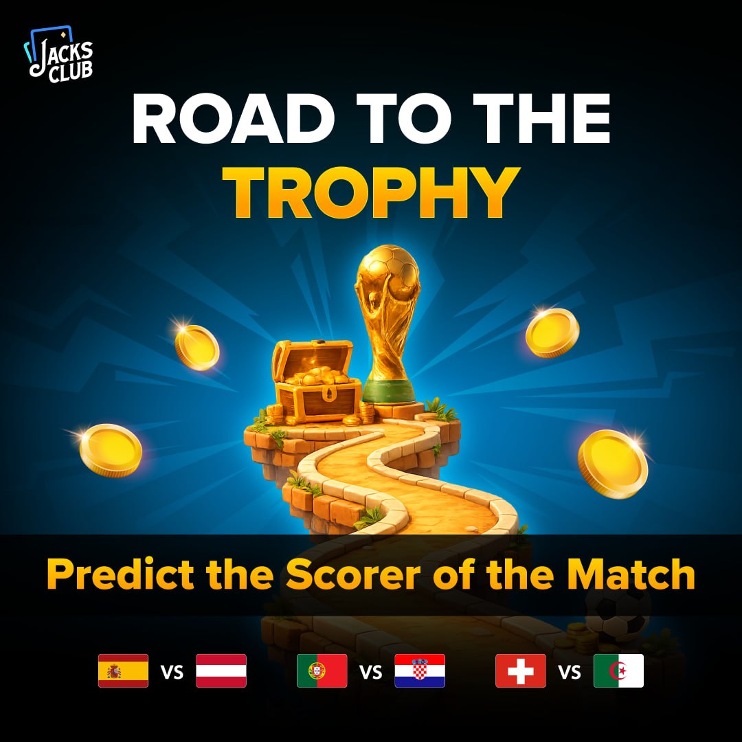 JacksClubCasino's tweet photo. 🏆 ROAD TO THE TROPHY CONTINUES! ⚽️

Next challenge is live Now! 🎯

Can you predict the goalscorer in these Round of 32 clashes?

🇪🇸 Spain 🆚 Austria 🇦🇹
🇵🇹 Portugal 🆚 Croatia 🇭🇷
🇨🇭 Switzerland 🆚 Algeria 🇩🇿

Every correct pick is rewarded from the 500 USDT Prize Pool.

⏰ Submit your picks before kickoff and prove your football knowledge!

Need more info? Hit up @cryptospade1 on Telegram.

👇 Drop your predictions in the comments 

#WorldCup2026 #RoadToTheTrophy #FootballPredictions #JacksClub
