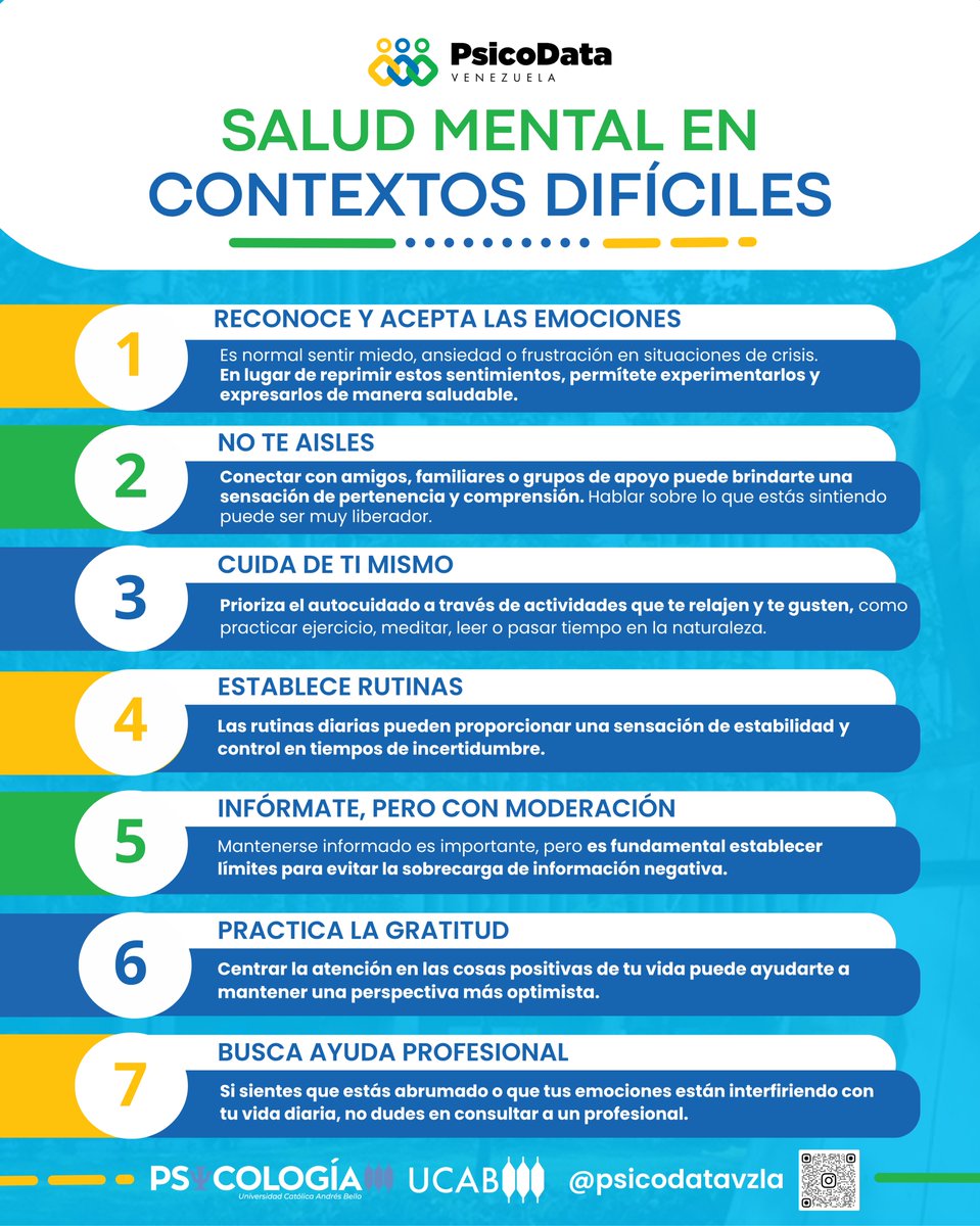 enlaucab's tweet photo. En contextos de crisis e incertidumbre, proteger la estabilidad emocional no es un lujo, sino una necesidad. Esta infografía resume siete pautas estratégicas para gestionar el impacto psicológico cotidiano. https://t.co/HVyqrbXbn4
