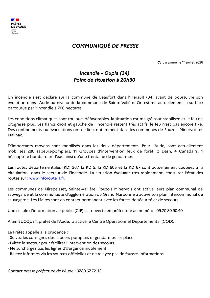 Prefet11's tweet photo. Incendie dans l'Aude - Point de situation à 20h30

⚠️ Évitez le secteur pour faciliter l'intervention des secours 
📵 Ne surchargez pas les lignes d'#urgence inutilement
🚒 Respectez les consignes des pompiers
 📢 Restez informés via les sources officielles et ne relayez pas de fausses informations