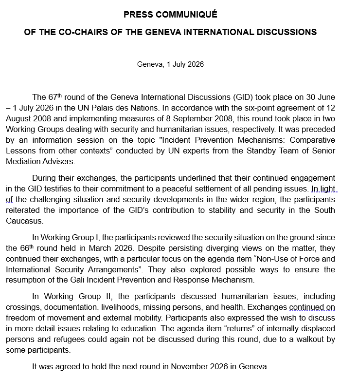 EUSR_SCCiG's tweet photo. 67th #GID round just concluded with in-depth exchanges between participants on security and humanitarian issues. Explored possible ways to address non-use of force commitments and resumption of Gali #IPRM meetings. Next round scheduled for November 2026. https://t.co/BZuIqJtxxG