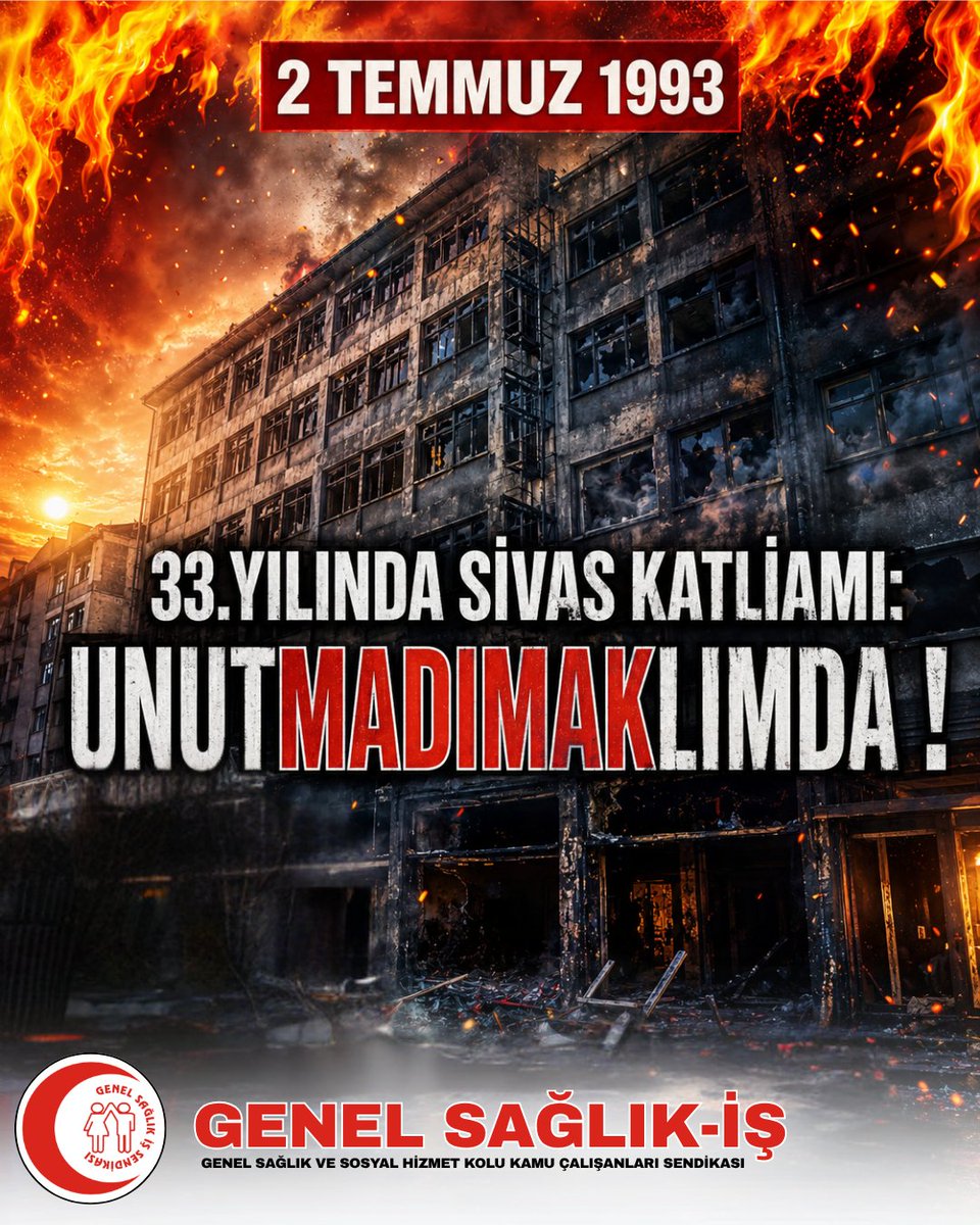genelsaglikis's tweet photo. 2 TEMMUZ 1993... UNUTMADIK, UNUTTURMAYACAĞIZ!

"33 aydınımızın ve sanatçımızın, Madımak Oteli'nde yakılarak katledildiği 2 Temmuz 1993, Türkiye tarihine kara bir leke olarak kazınmıştır..."⤵️⤵️
https://t.co/j1GB7dffjd

#Sivas93 #Madımak #UnutmadıkUnutturmayacağız https://t.co/WR8epSV9zs