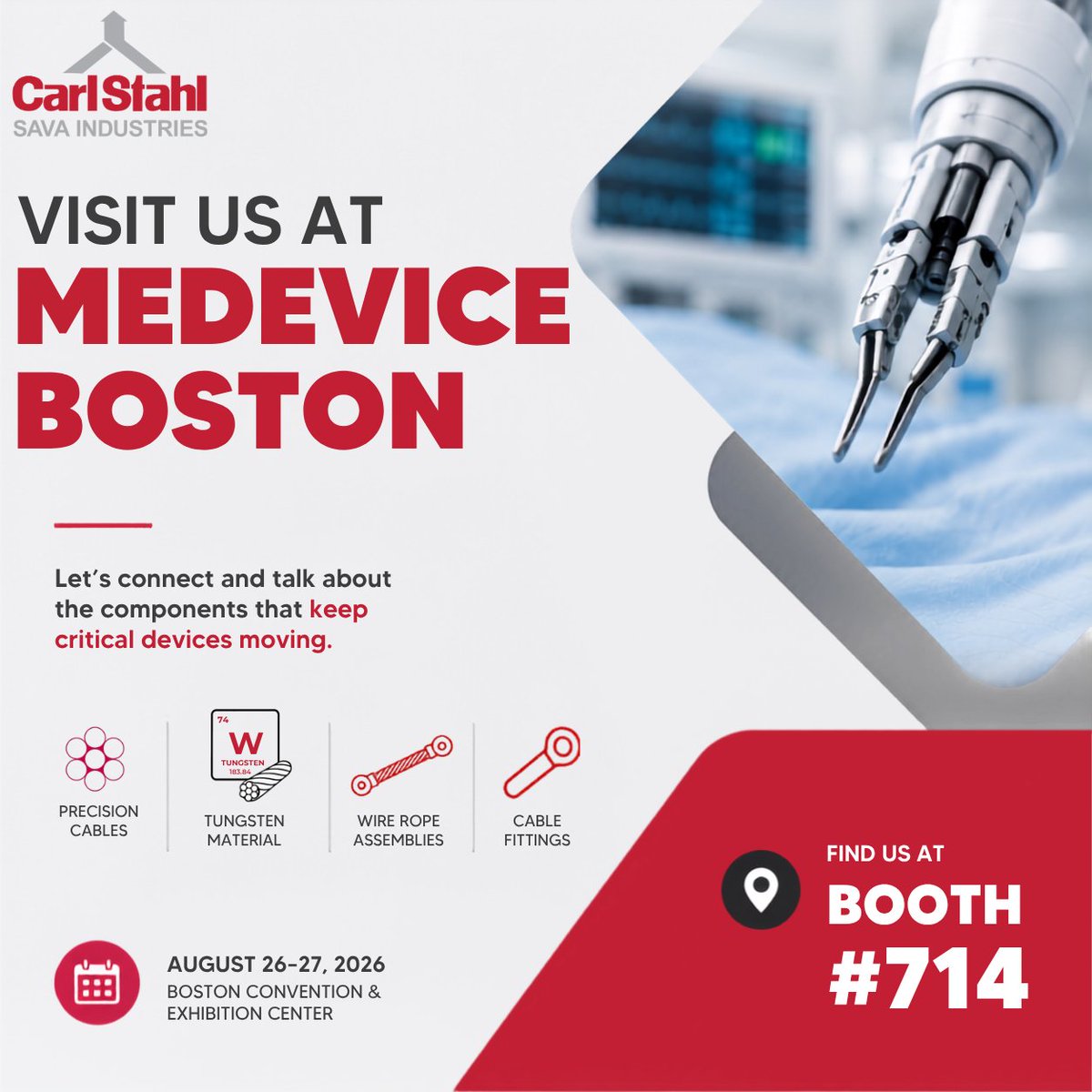 SavaIndustries's tweet photo. Boston, we're coming! 📍

The Sava Industries team is headed to MEDevice Boston.

Stop by Booth #714 to talk precision cables, pulleys, wire rope assemblies, and more.

Will we see you there? https://t.co/qw4bVg8W8m