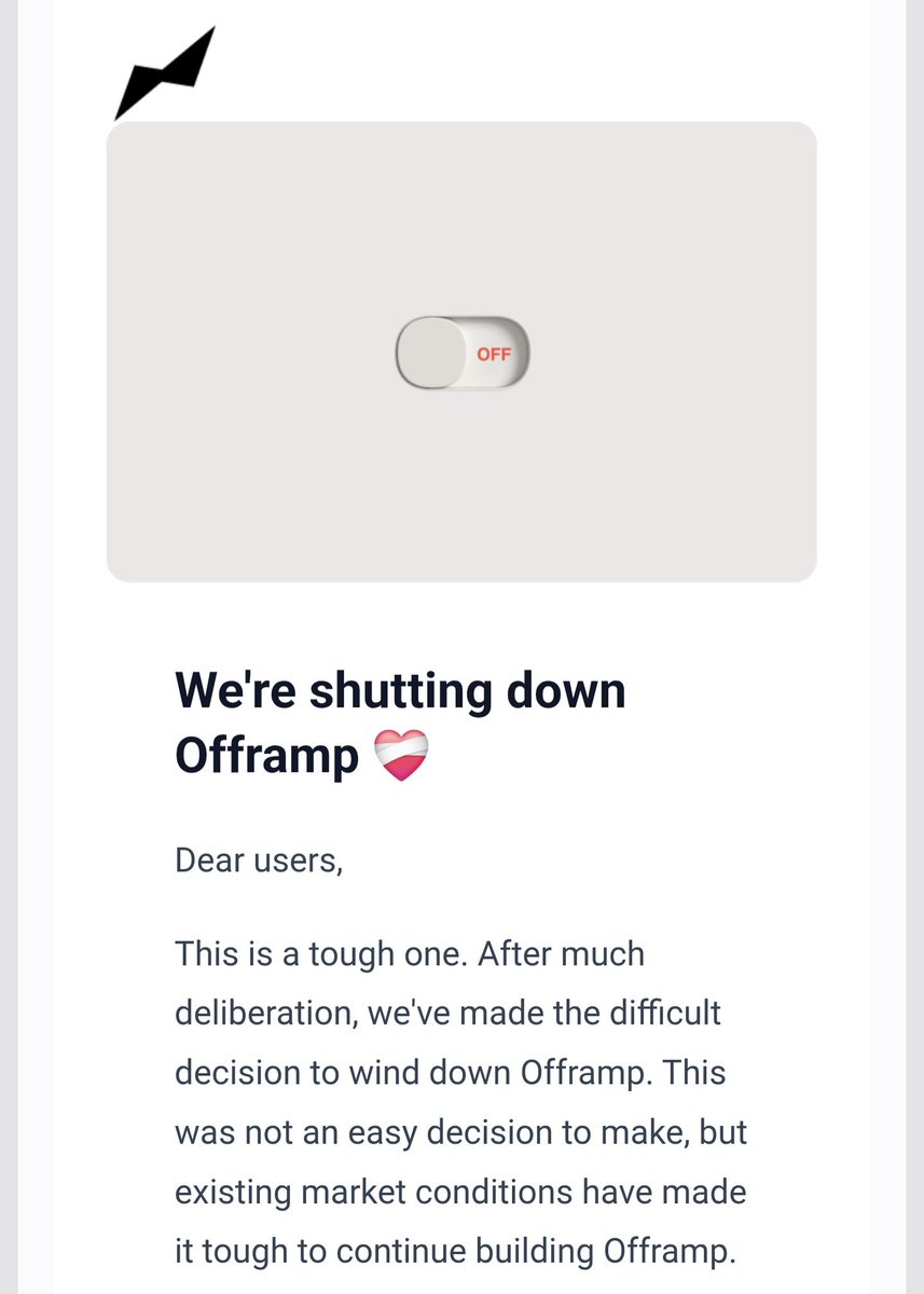 TanbinFi's tweet photo. Offramp is shutting down. A reminder that even strong ideas don’t always survive tough market conditions in fintech. https://t.co/mBgHTlJEw0