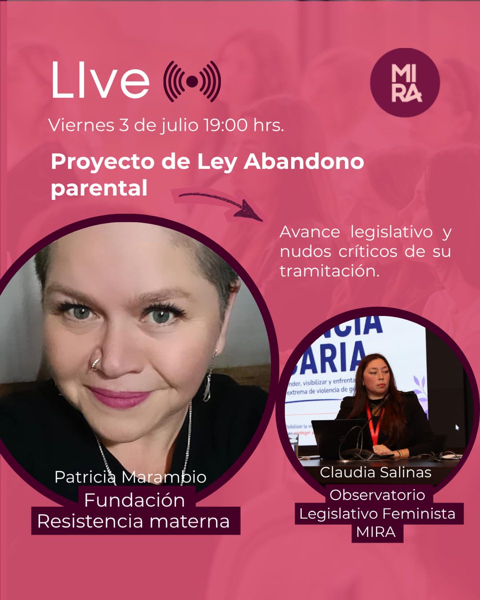 MaternaSantiago's tweet photo. Desde Mira observatorio Legislativo nos han invitado para este Viernes 3 a las 19:00 para hablar sobre nuestro PDL de Abandono Parental.
L@s esperamos a tod@s para conocer, difundir y apoyar este tremendo proyecto de ley que merece prioridad y pronta aprobación en el Senado💜 https://t.co/rSBi85NOpx