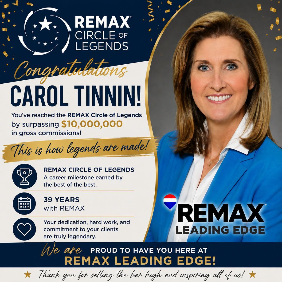 REMAXLEMD's tweet photo. Some milestones deserve to be celebrated in a big way. 🎉

For 39 years, Carol has exemplified professionalism, integrity, dedication, and an unwavering commitment to her clients. 

Congratulations on this legendary achievement! ❤️🤍💙 https://t.co/0Z8A3ziwDd