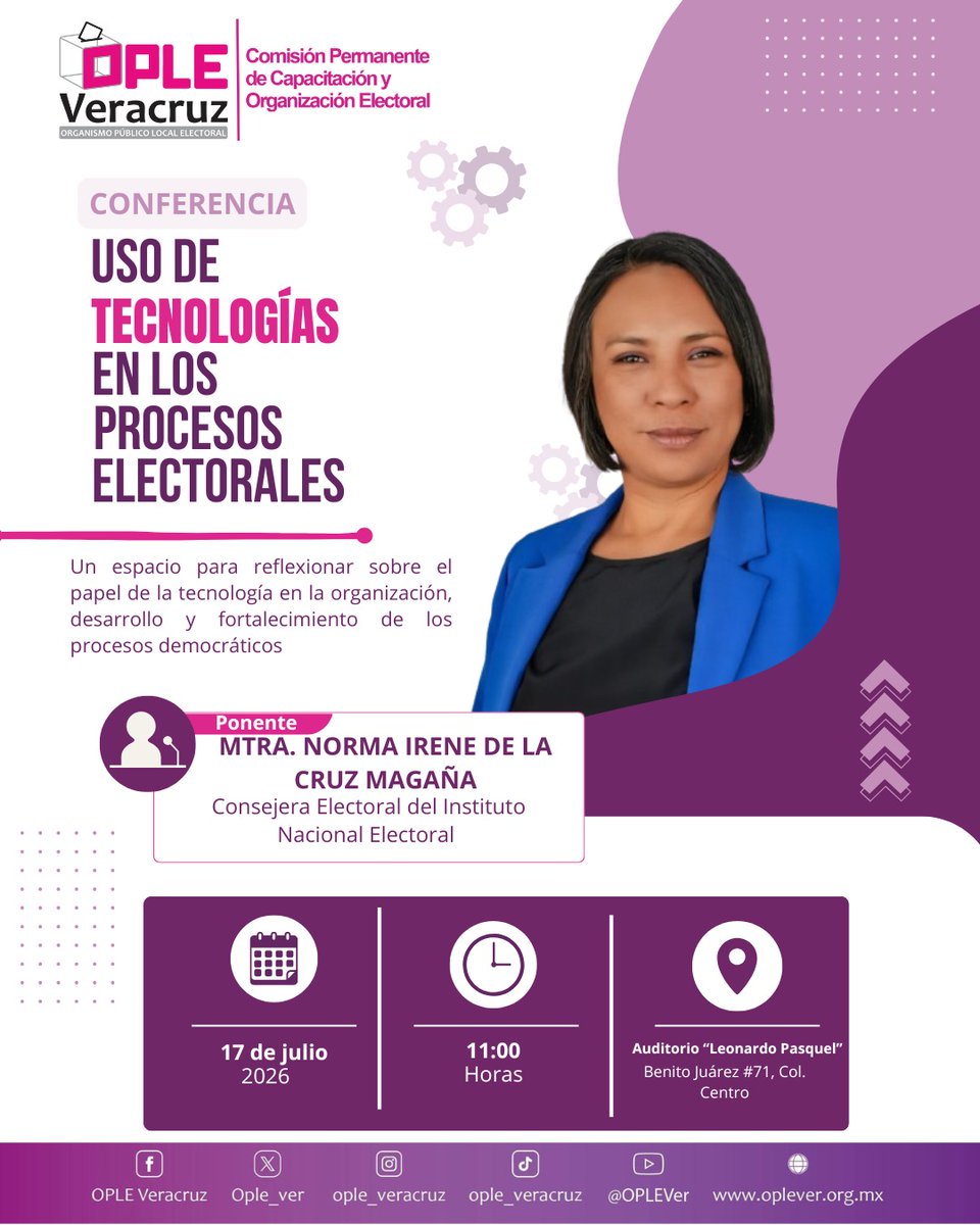 ople_Ver's tweet photo. #AgendaOPLEV 🗓 La Comisión Permanente de Capacitación y Organización Electoral del #OPLEVeracruz, invita a la Conferencia "Uso de tecnologías en los procesos electorales" 📲🗳, con la ponencia de la Consejera Electoral del @INEMexico, @NormaIreneD.

🗓 17 de julio
⏰11:00 horas
📍Auditorio Leonardo Pasquel del OPLE Veracruz