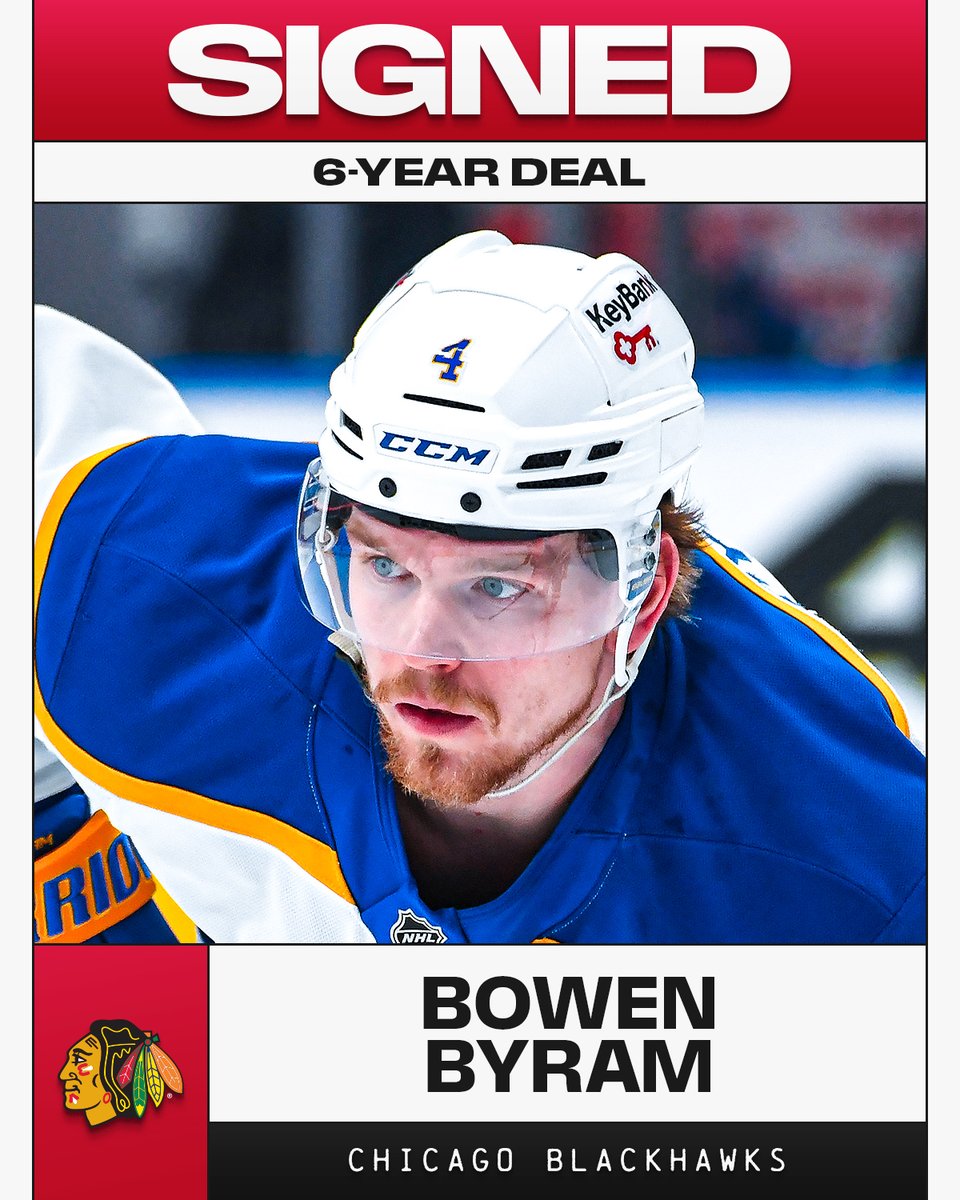 NHL's tweet photo. SIGNED. SEALED. DELIVERED! ✍️ #NHLFreeAgency 

Bowen Byram has signed a six-year contract with the @NHLBlackhawks! https://t.co/ylufkCx1u4