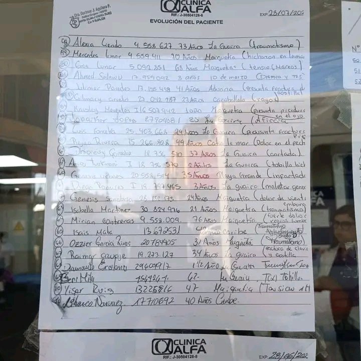 VeroCostaM's tweet photo. #VENEZUELA 🇻🇪 | Listado de personas atendidas en la Clínica Alfa, en Maiquetía (29 y 30 de junio y hoy 1 de julio).

Pueden encontrar el listado completo en mi #Threads 👇 https://t.co/G7x6WDQWVN