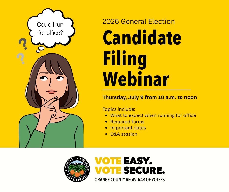 OCRegistrar's tweet photo. Thinking about running for office in the 2026 General Election? Join our Candidate Filing webinar on July 9 at 10 a.m. to learn more about how run for office and what to expect during the candidate filing process.
Candidate filing begins July 13. https://t.co/y367qVp8JV https://t.co/GxgYAcEYj7