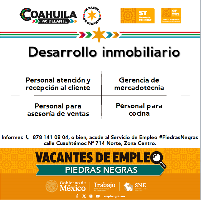 SNEPIEDRAS's tweet photo. 📢Vacantes de empleo en #RegiónNorte  #PiedrasNegras
 
📌 Servicio de Empleo #PiedrasNegras
 📍 Dirección: Cuauhtémoc N° 714 Norte, Zona Centro
📞 Informes: 878 141 08 04

Contáctanos hoy mismo.  

#Coahuila https://t.co/MJ8qBMyhZM