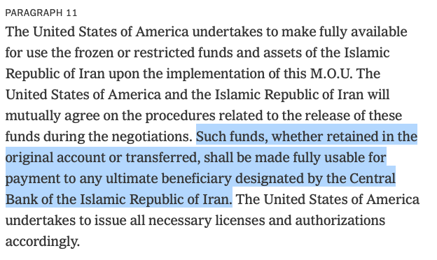 james_acton32's tweet photo. Ummm. The unnamed U.S. official might like to check the text of the MOU before claiming that the U.S. can determine how Iran spends the unfrozen assets. https://t.co/3rGiZFlXtQ