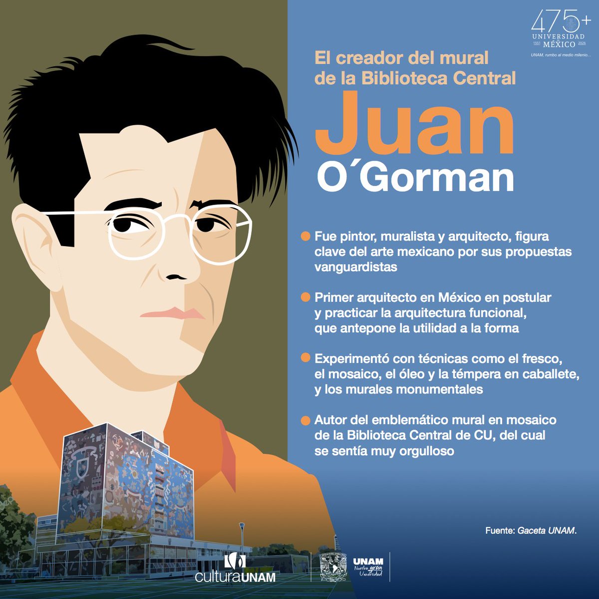 CulturaUNAM's tweet photo. 🖌️🏢En sus edificios y murales, Juan O'Gorman integró modernidad, raíces mexicanas y compromiso social. Muestra de ello son los murales de la Biblioteca Central de la @UNAM_MX, donde piedra, color e historia componen un relato visual de México. Lo recordamos en su aniversario. ✨ https://t.co/bcwSuAF1Sk