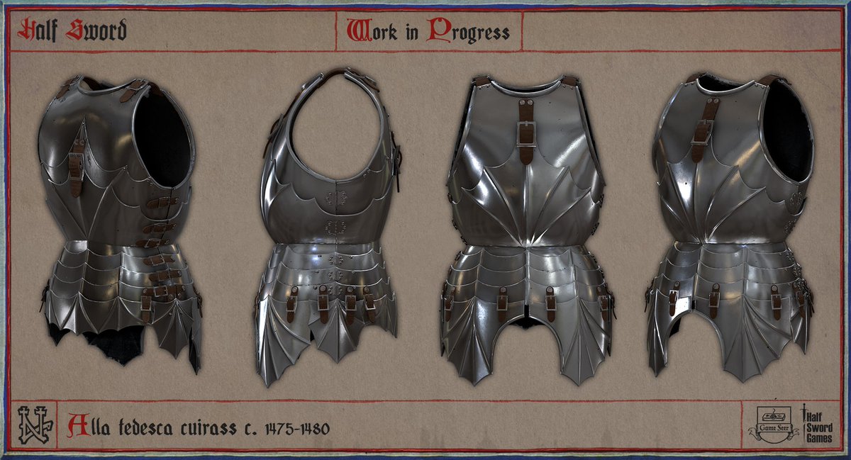 Halfsword_game's tweet photo. This week, we have an Italian-style cuirass influenced by elements of English styles and some Central European harnesses.

Based on a recreation of historical references throughout Central Europe, it dates to approximately 1475–1480.

#halfsword #armor #medieval #UnrealEngine5 #earlyaccess #WIP