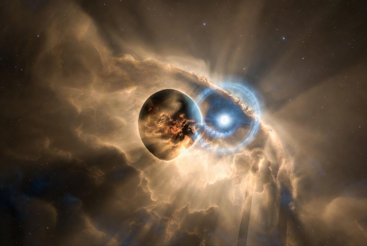 konstructivizm's tweet photo. A Giant Planet Cheated Death… and Then Moved Closer!
  In a plot twist worthy of the best sci-fi, astronomers have uncovered how a massive gas giant not only survived its star’s violent death — but later spiraled inward for a closer orbit around the stellar corpse.  Meet WD1856b: a Jupiter-sized behemoth (4–11 times Jupiter’s mass) circling a tiny Earth-sized white dwarf just 80 light-years from Earth. It whips around its dead star every 1.4 days — so close that the planet is roughly eight times larger than the star it orbits.  When the original star ballooned into a red giant billions of years ago, it should have swallowed everything nearby. Most inner planets don’t survive that fiery phase (our Sun will eventually engulf Mercury, Venus, and possibly Earth). Yet this giant world lived to tell the tale.  How Did It Pull Off the Ultimate Escape?Using NASA’s James Webb Space Telescope (JWST), an international team (led by the University of St. Andrews with Northwestern University astrophysicists) finally cracked the mystery.  The planet stayed at a safe distance during the star’s red-giant death throes ~5 billion years ago.  
Then, 3 to 5.5 billion years later, gravitational nudges from companion stars in the triple-star system pulled it inward.  
As it migrated closer, intense tidal forces reheated the planet to ~400 K (127°C / 260°F) — way hotter than the faint white dwarf’s light could explain. It’s been slowly cooling ever since.

The atmosphere? Rich in methane and hazy clouds, giving it a Titan-like golden hue. JWST even captured a record-breaking transmission spectrum: the planet blocks a whopping 56% of its star’s light.  “This is one of the most bizarre planetary systems we know of,” said Christopher O’Connor of Northwestern. “Stellar death is not the end — some planets get a vibrant second act.”  A Glimpse of Our Own Solar System’s FutureIn about 5 billion years, our Sun will die and become a white dwarf. This discovery shows that outer planets might not only survive… they could keep evolving for billions of years afterward.  As lead researcher Ryan MacDonald put it: “It’s like using a time machine to peer into the distant future of our solar system.”  Bottom line: The universe is full of surprises. Even after a star’s dramatic finale, its planets can find new life in the cosmic sequel.  (Study published today in Nature)  
(credit: NASA, ESA, CSA, Ralf Crawford (STScI)) — a gorgeous gas giant with hazy, Titan-like skies orbiting a cooling orange-white dwarf.  What a wild ride the cosmos has in store for us!