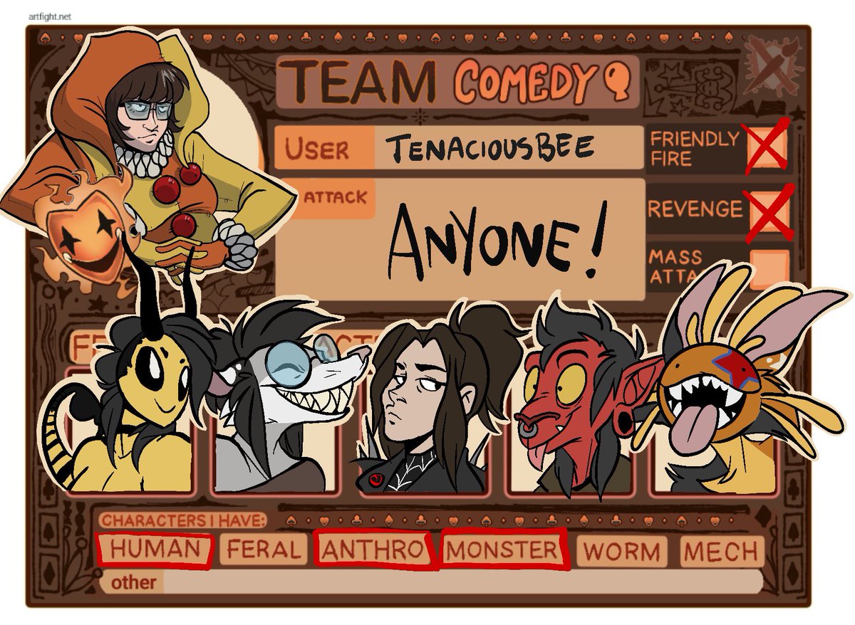 tenaciousbee's tweet photo. Art Fight is down lol but I’m saving usernames and cards for unique and fun characters! I love monsters, furries, unique species, anything! https://t.co/atxKEhBaP2