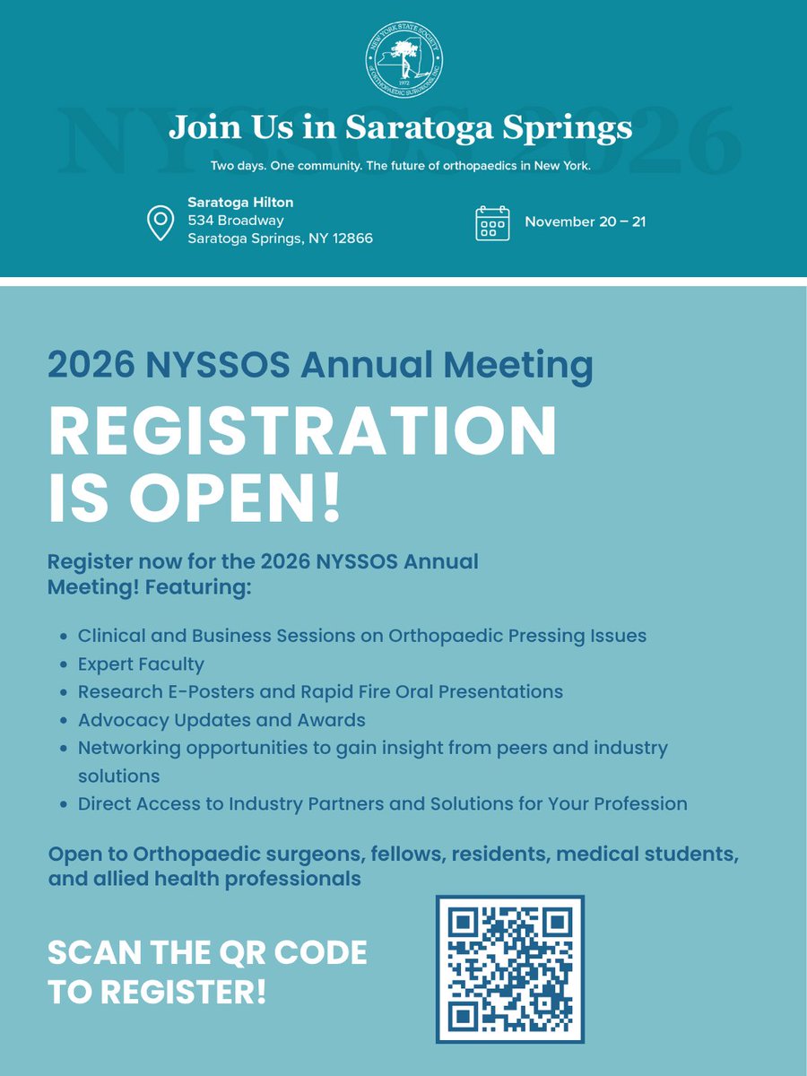 NYSSOS's tweet photo. 🎉 Registration is now open for the 2026 NYSSOS Annual Meeting!

Join us November 20–21 in Saratoga Springs for expert sessions, research presentations, advocacy updates, networking, and more at the Saratoga Hilton. 📍

Don’t wait—register today: https://t.co/RCcBCQgFBk https://t.co/aER7EvCA3V