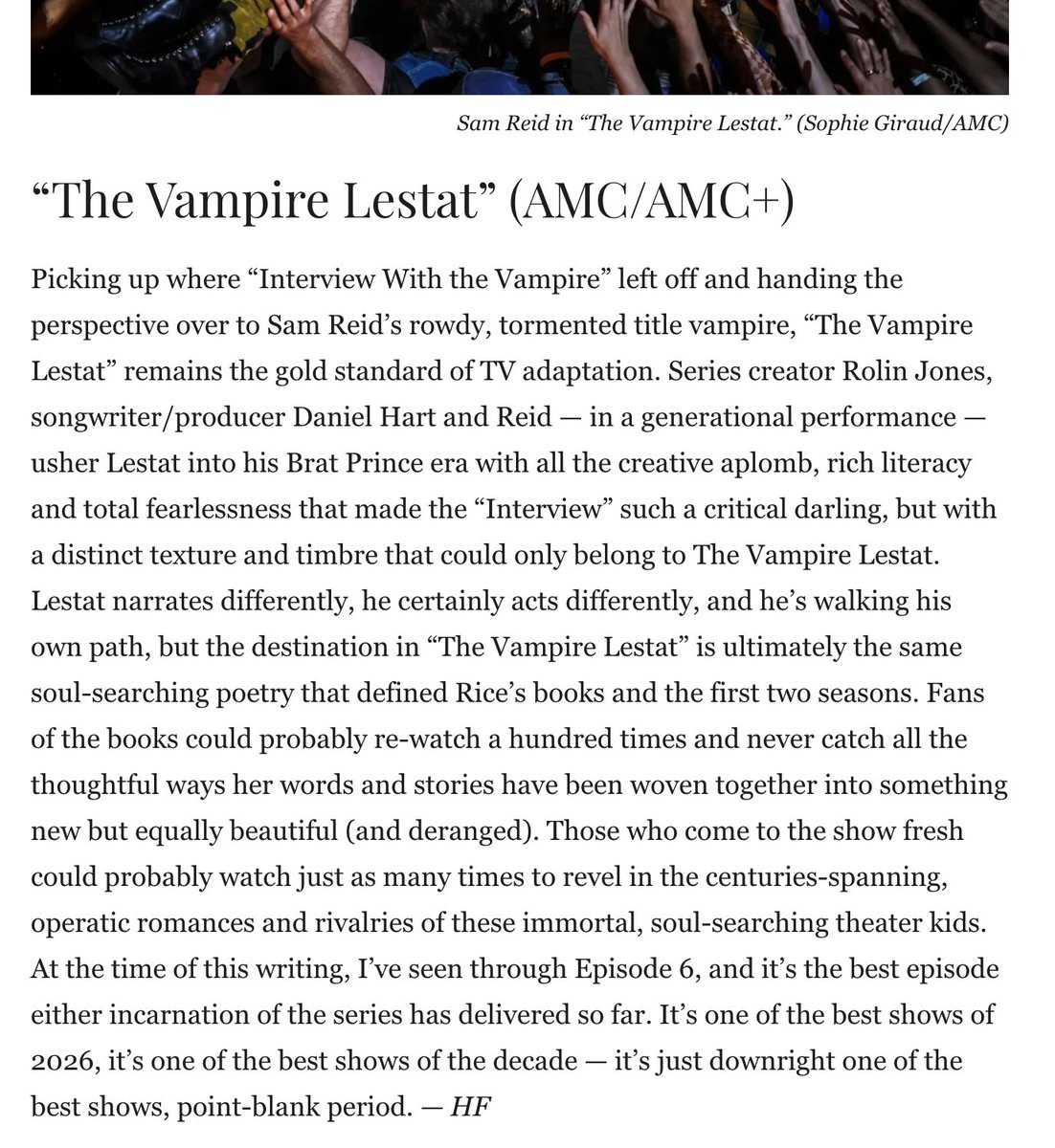 illyrianfields's tweet photo. The Wrap put The Vampire Lestat on their list of Best 2026 Shows so far with an INCREDIBLE write-up:
"Reid — in a generational performance"
"I’ve seen through Episode 6, and it’s the best episode either incarnation of the series has delivered so far." https://t.co/fjy824GmeT