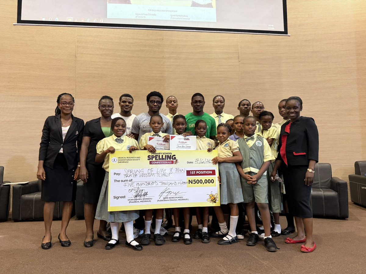MEDRHUS's tweet photo. MEDRHUS SPELLING BEE 4.0

Three schools emerged winners 🌟

For the Spelling  Bee:
🥇Spring of Life Foundation Schools defended their crown for the second time, and claimed the 500,000 prize 🤩

Special thanks to Dr Toks for his magnanimity in sponsoring this event.💫🌟 https://t.co/zCLMwgXsan