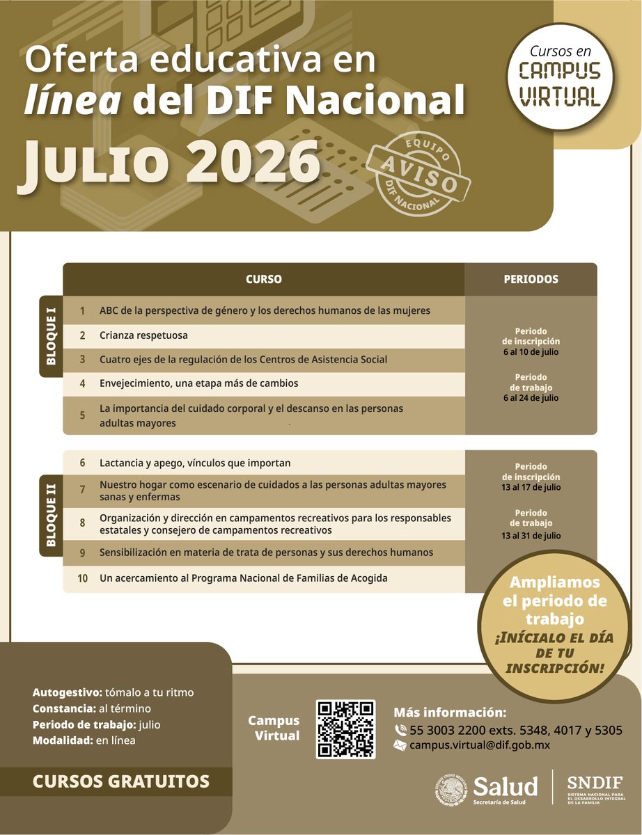 DIF_NMX's tweet photo. ¡Llega #CampusVirtualSNDIF de julio!

Consulta e inscríbete a nuestros cursos gratuitos en línea, hay dos periodos de inscripción, iniciamos el lunes 6 de julio ⬇️ 

🤓Crea una cuenta con tu correo en https://t.co/mF1bCAtfR4 y sigue los pasos.

#DIFNacionalTransforma https://t.co/WKy0bmYPSL