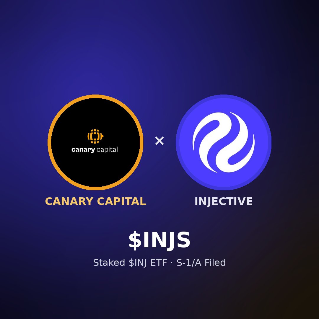 Kenny_Tomide's tweet photo. @CanaryFunds has been quietly stacking up ETF filings since late 2024, and back in July 2025 they dropped the first ever S-1 for a Staked $INJ ETF. Fast forward through a December amendment that laid out staking mechanics and custody, and now here we are.

@CanaryFunds just filed a fresh S-1/A for the Staked INJ ETF and the blanks are filling in nicely.

→ Ticker: INJS, listing on Cboe BZX 
→ Almost all INJ held gets staked, rewards flow back into daily NAV 
→Staked % gets disclosed on-chain every single day, no hiding
→ Staking fees capped at 10% 
→ BitGo holds custody 
→NAV priced off CoinDesk's Injective benchmark at 4pm ET

TradFi is basically knocking on @Injective's door asking for a seat at the table.

Tick tock, INJS is warming up 

#Injective #ETF