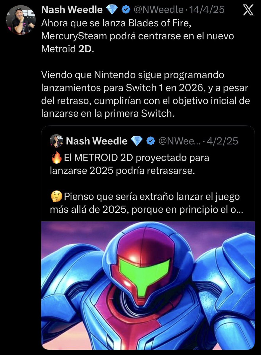 NWeedle's tweet photo. 🔥METROID RAVENOUS‼️
Esta es la información que tengo sobre el próximo Metroid y que os he ido comentando:

- 2022: MercurySteam y Nintendo firman un nuevo proyecto.
- 2025: Retraso del nuevo Metroid 2D.
- 2025: Ultimátum y deadline 2026.
- 2026: Rumores de Super Metroid.

En estos momentos MercurySteam está en unas circunstancias complicadas y Nintendo podría plantearse mover el desarrollo de los Metroid 2D.