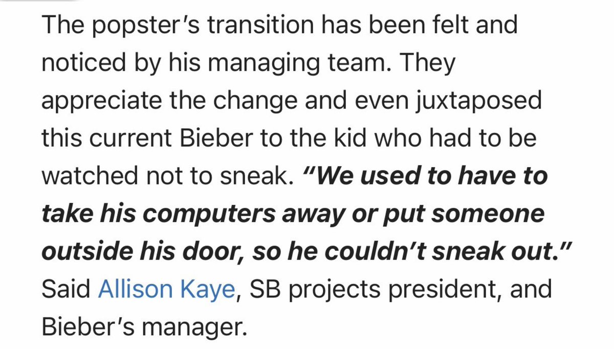 ruthpark337984's tweet photo. 📍Allison Kaye (president of Scooter Braun's company) admitted that they used to lock Justin in rooms "so he couldn't escape" and rehearse for hours when he was a child.
📍Justin Bieber  said in 2021: "I was working so much at such a young age that I got really sad... So my friend and I hid my passport. The record label was hysterical, saying, 'You have to go on the Today show next week... I was going to do anything to be able to be normal.'"
📍In the video Justin answering a fan question, saying that while on the My World tour he told Scooter it was too much for him. And what did he get? An ultimatum.
"Either you work too hard or you go back to poverty."