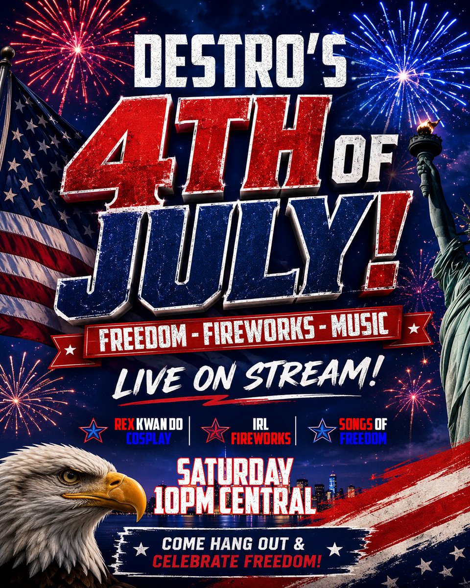 DestroX88X's tweet photo. First ever 4th of July stream happening this Saturday to celebrate 250 years of America!

Gonna be jamming some tunes and setting off fireworks all in a Rex Kwan Do cosplay! https://t.co/m1Z5gamkCg
