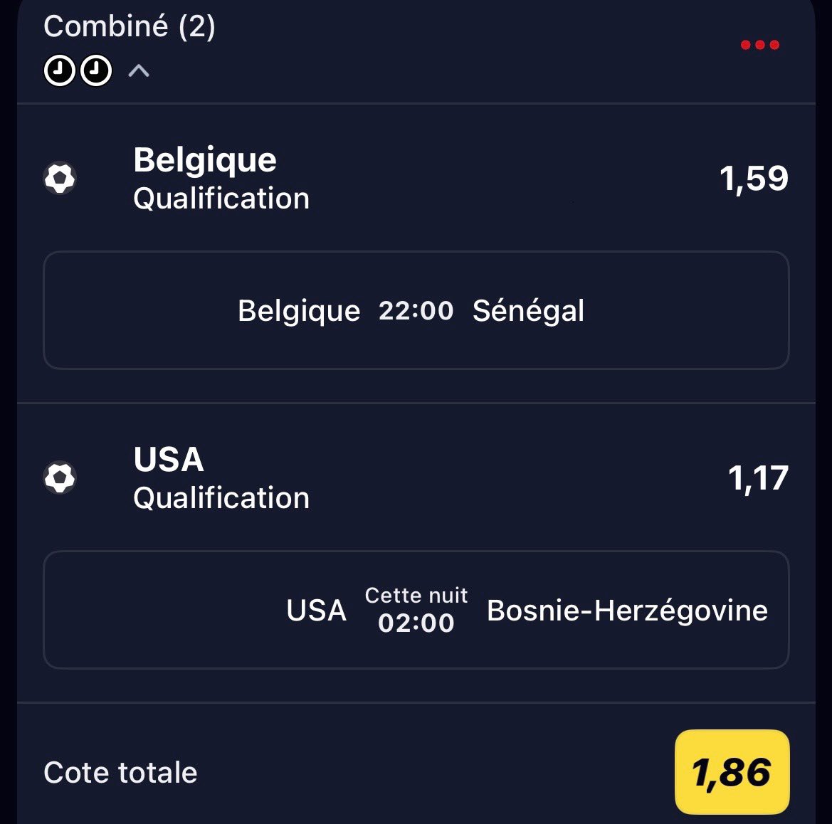 Enzo_3510's tweet photo. MON COMBINÉ POUR CE SOIR ! ⚽️🔥

🇧🇪 Qualif Belgique @ 1,59 (vs Sénégal)
🇺🇸 Qualif USA @ 1,17 (vs Bosnie)
Je sais que beaucoup voient le Sénégal ce soir, mais je ne suis pas du tout de cet avis. La Belgique va faire le taf ! 🧠🇧🇪
On valide la cote à 1,86 ? 🤝👇
#ParisSportifs https://t.co/LsDzLu08hh