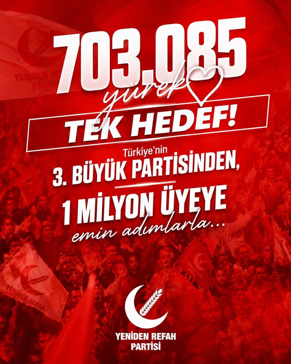 TurkerDemirogl's tweet photo. #YenidenRefah 🇹🇷 703.000 ÜYE!

Bu artık sadece bir sayı değil; milletin değişim iradesinin güçlü bir göstergesi.

Yeniden Refah Partisi büyümeye devam ediyor, Türkiye’de dengeler yeniden kuruluyor.

Bugün 703 bin, yarın çok daha fazlası! 🇹🇷 https://t.co/xr8bUNwHum