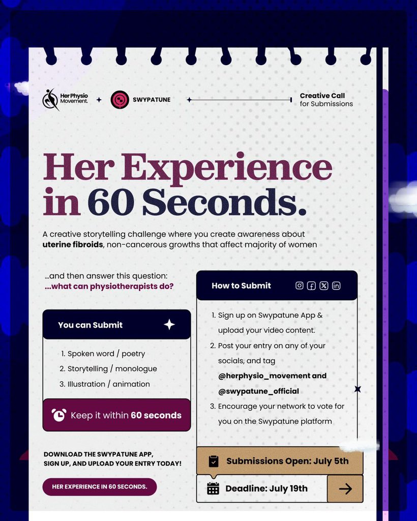 Her_Physio's tweet photo. Great news people!🎉

We're excited to announce that the Her Experience contest is back, bigger and better!

Her Physio Movement (HPM) is partnering with Swypatune to bring you the 2nd edition of Her Experience contest.

Submissions run from the 5th July to 19th July 2026. https://t.co/2wRaBYztL7