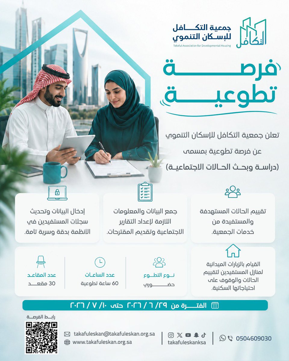 takafuleskanksa's tweet photo. 🌟 تطلق جمعية التكافل للإسكان التنموي فرصة تطوعية مميزة بمسمى (دراسة وبحث الحالات الاجتماعية)

✨ فرصة لترك أثر حقيقي والمساهمة في تقييم وخدمة المستفيدين ميدانيًا ورقميًا

⏱️ 60 ساعة تطوعية
📍 حضوري (30 مقعد)

🔗 للتسجيل والانضمام عبر الرابط: 
https://t.co/uy60X7I8iq https://t.co/TvWmSGblev
