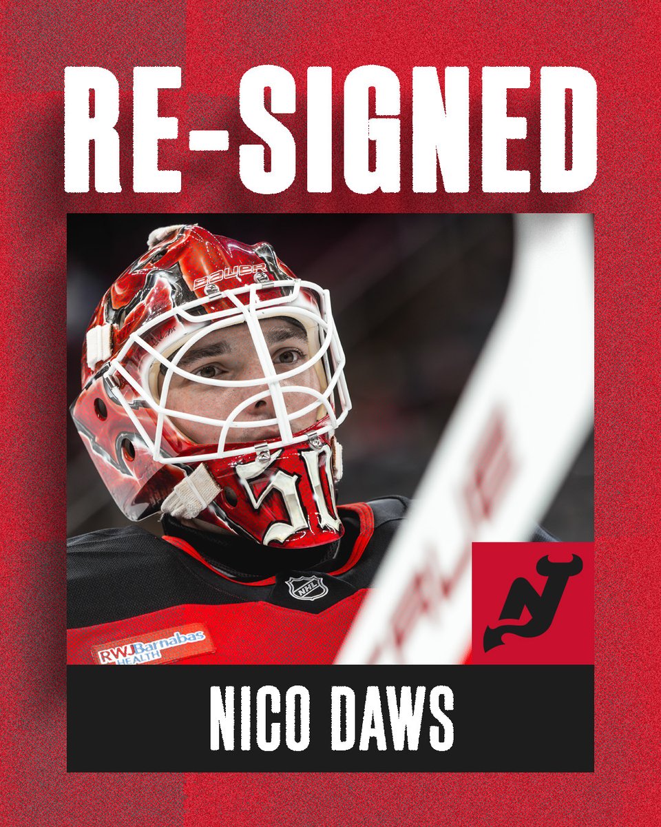 NJDevils's tweet photo. You’re gonna need a bigger net. Nico Daws is back for two more years.

📰: https://t.co/7huLrhKpSe https://t.co/zPaZdejUh1