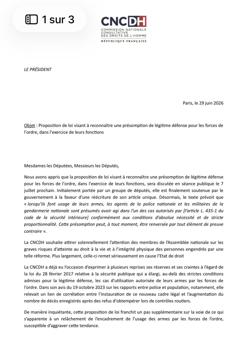 mbompard's tweet photo. Par cette lettre, le président de la Commission Nationale Consultative des Droits de l’Homme alerte sur la « sérieuse remise en cause de l’Etat de droit » que représente la loi de présomption de légitime défense pour les forces de l’ordre.

Le vote est prévu mardi à l’Assemblée. https://t.co/AWEOSLT1WD