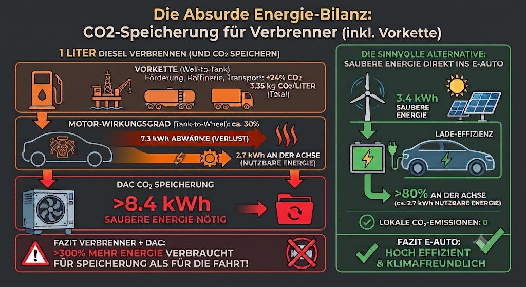 N_Schmid's tweet photo. Die absurde Physik hinter Verbrenner-Emissionen: Warum CO2-Speicherung eine enorme Verschwendung ist. 🧵👇

1️⃣ Die ungesehene Vorkette (Well-to-Tank):

Diesel kommt nicht einfach aus der Zapfsäule. Förderung, Transport per Öltanker, Raffinerie und der Lkw-Transport zur Tankstelle verbrauchen massiv Energie und stoßen CO2 aus. Für jeden Liter Diesel, den du verbrennst, kommen in der Realität noch einmal rund 24 % mehr CO2-Emissionen oben drauf. Aus 2,7 kg direkten Auspuff-Emissionen werden so echte ca. 3,35 kg CO2 pro Liter.

2️⃣ Die miese Effizienz des Motors:

Ein Liter Diesel enthält etwa 10 kWh thermische Energie. Ein Dieselmotor nutzt davon im Schnitt nur rund 30 %. Das bedeutet: Nur magere 2,7 kWh kommen als mechanische Energie tatsächlich an der Achse an, um das Auto zu bewegen. Der Rest verpufft als Abwärme.

3️⃣ Der energetische Genickbruch beim Filtern (DAC):

Um 1 kg CO2 per Direct Air Capture wieder aus der Luft zu holen und tief im Boden zu speichern, braucht man aktuell ca. 2,5 kWh (Strom + Prozesswärme).
Die neue Rechnung für die echten Gesamtemissionen von 1 Liter Diesel: 3,35 kg CO2 × 2,5 kWh = ca. 8,4 kWh Energieaufwand!

🔴 Das vernichtende Fazit:

Du fährst mit einem Liter Diesel und erzeugst an der Achse magere 2,7 kWh Bewegung. Um den gesamten CO2-Ausstoß dieses einen Liters per CO2-Speicherung wieder rückgängig zu machen, müssen wir sage und schreibe 8,4 kWh saubere Energie aufwenden.
Das ist mehr als das DREIFACHE (über 300 %) der Energie, die das Auto überhaupt für die Fahrt genutzt hat!

Wer glaubt, wir könnten den Verbrenner durch nachgelagerte CO2-Speicherung „grün“ machen, ignoriert die Gesetze der Physik. Es ist schlicht unbezahlbare Energieverschwendung. Diese saubere Energie gehört direkt in die Batterie eines E-Autos – dort kommt sie nämlich zu über 80 % auf der Straße an.